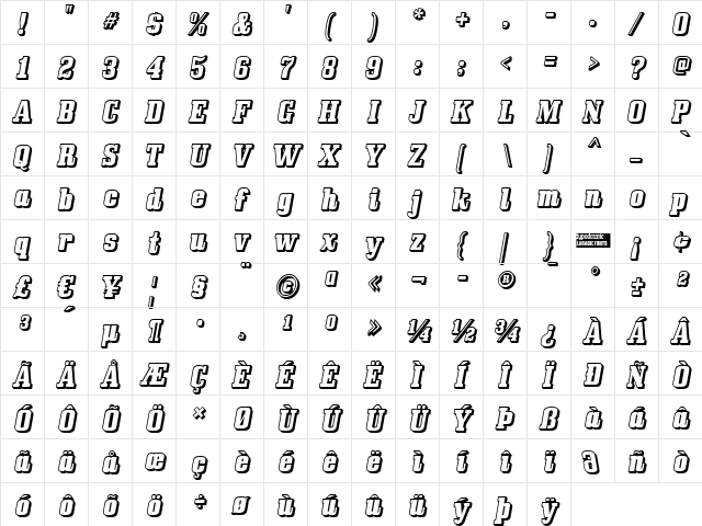 Bullpen 3D Regular  glyph index