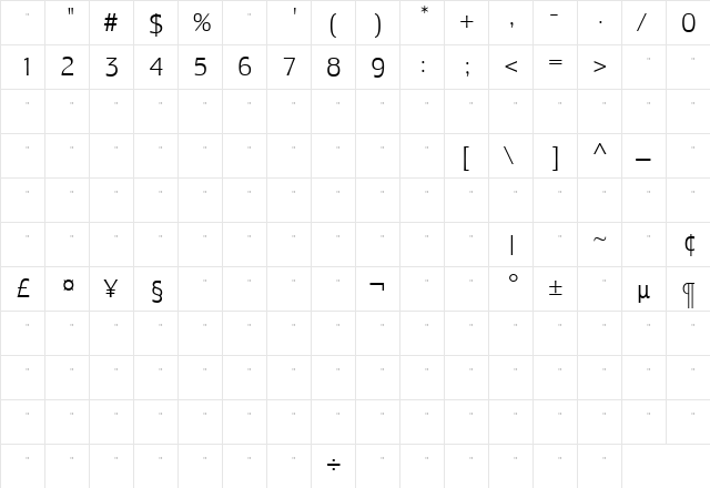 LesmoreLightTab Roman  glyph index