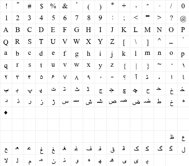Persian Regular  glyph index