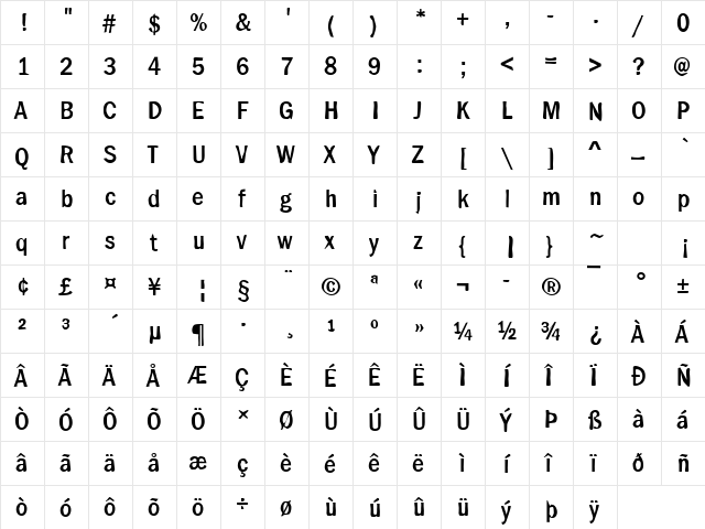 Dirty16 Becker Regular  glyph index