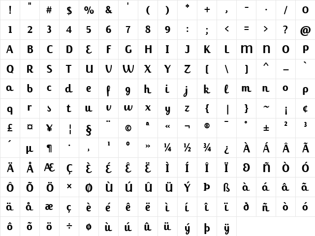 JackieFullBold Bold  glyph index