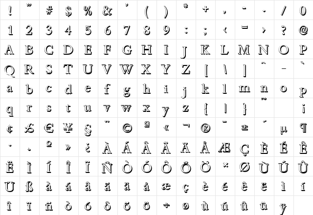 BambergShadow Regular  glyph index
