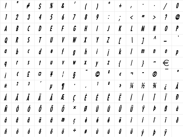 FujiThin BoldItalic  glyph index