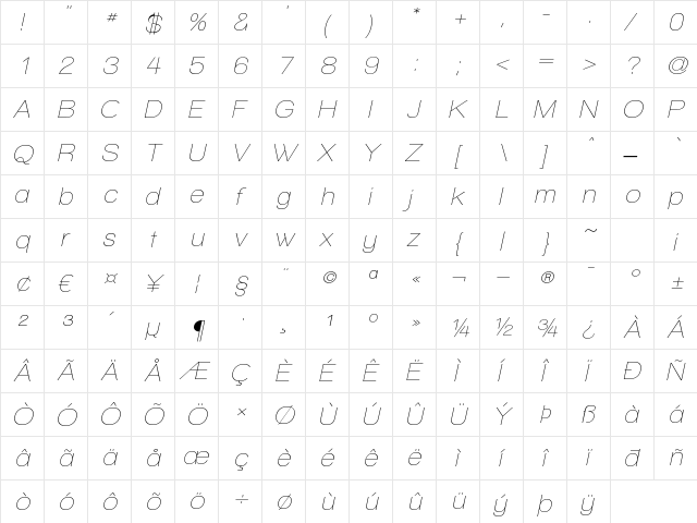 Walkway Oblique Regular  glyph index