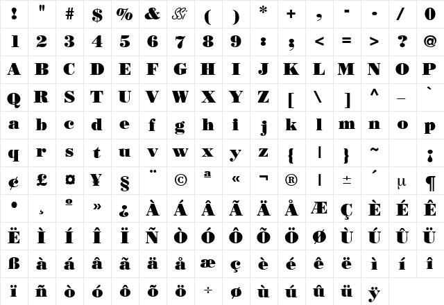 BodoniPosterSSK Bold  glyph index
