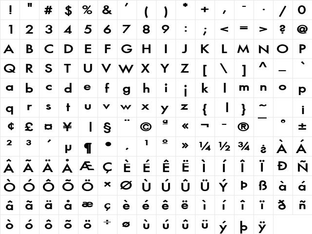 Fusi-Extended Bold  glyph index