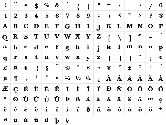 Baskerville-Bold Regular  glyph index