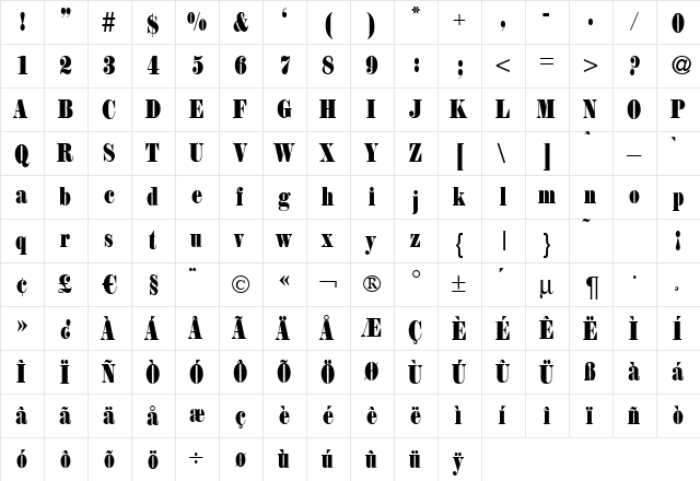 Heron Regular  glyph index