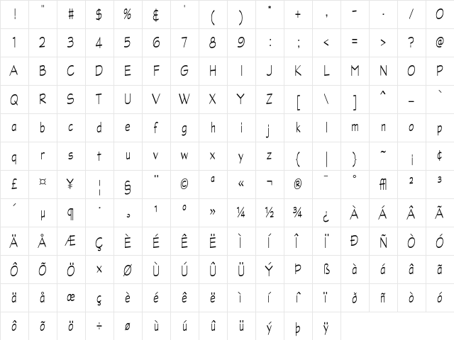 Graphite LightNarrow  glyph index