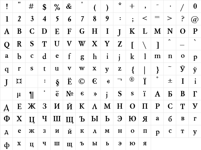 UkrainianMysl Bold  glyph index