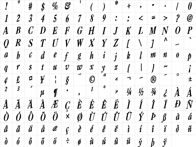 GreenWich4 Bold  glyph index