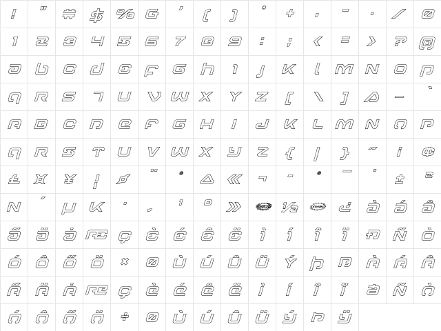 Gunrunner Ouline Italic Ouline Italic  glyph index