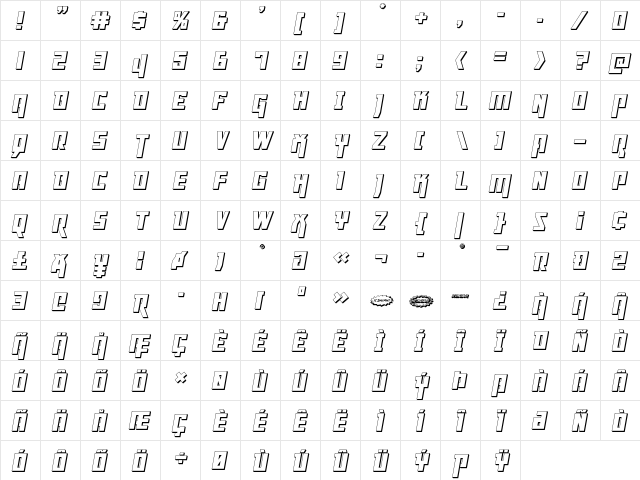 Danger Flight 3D Italic Italic  glyph index