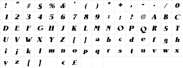 Pinetar Oblique  glyph index