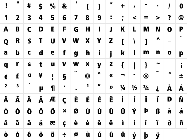 Frutiger LT Com 87 Extra Black Condensed  glyph index