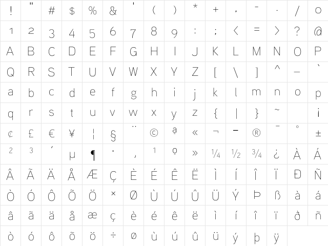 Aaux ProThin OSF Regular  glyph index