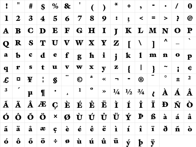ITC Galliard Ultra  glyph index