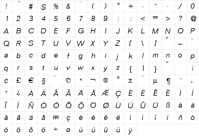 Focus-Light Italic  glyph index