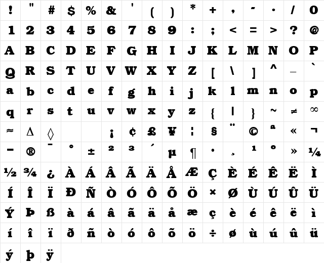 BookmanHeavy Regular  glyph index