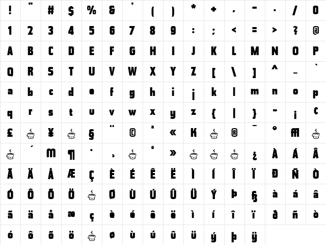 Tasse Regular  glyph index