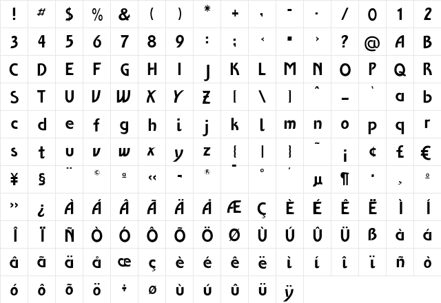 Ventoux Plain Regular  glyph index