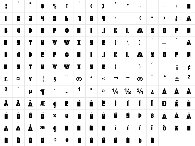 ArtyTimesReg52 Regular  glyph index