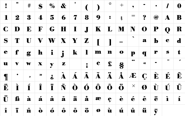 BodoniAntTBolRo1 Regular  glyph index