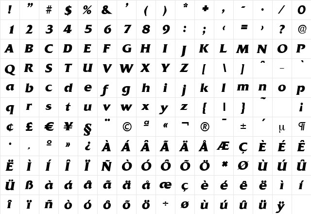 QuadratSerial-Xbold Italic  glyph index