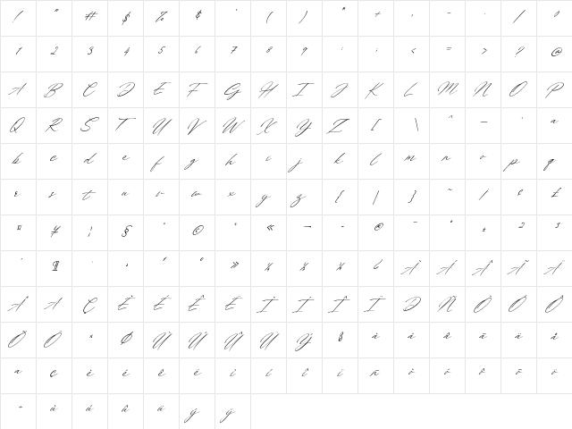 Billie Bonnie Italic Regular  glyph index