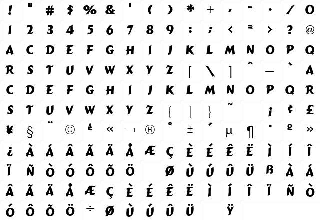 Cartoon Bold Regular  glyph index