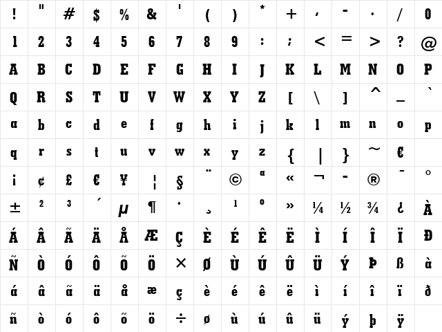 GeoSlab703 XBdCn BT Extra Bold  glyph index