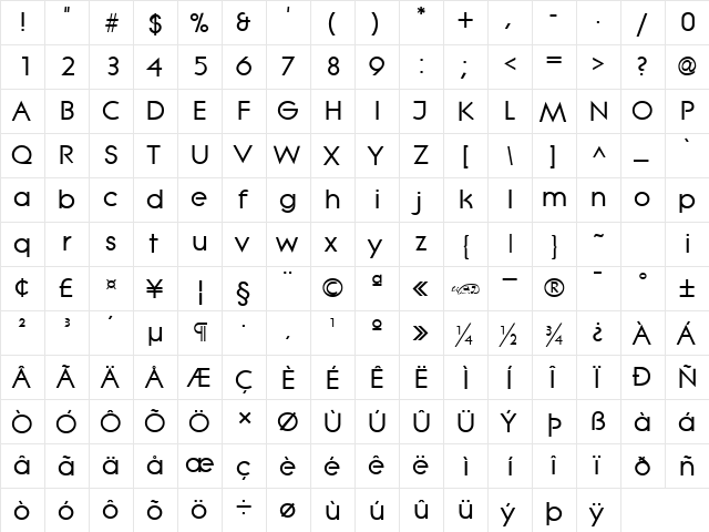 Lithe Bold  glyph index