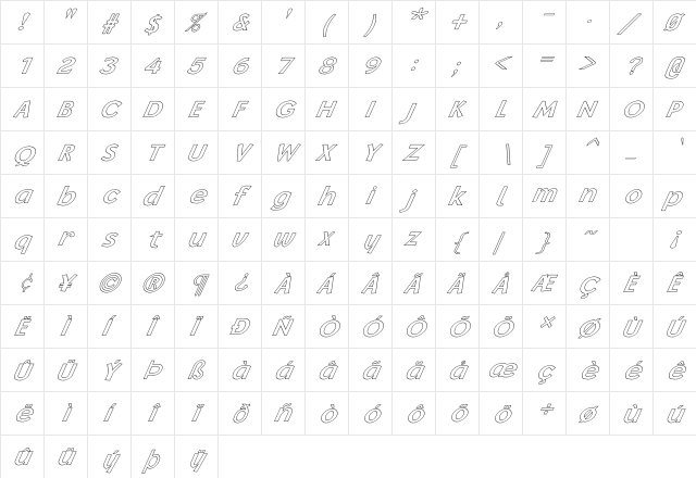 FZ BASIC 14 HOLLOW ITALIC Normal  glyph index