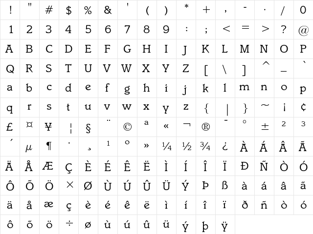 ITC Italia Book  glyph index