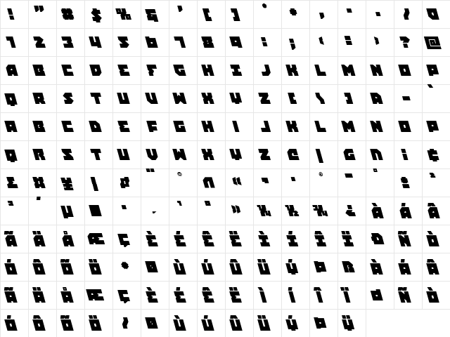 Dark Hornet Leftalic Regular  glyph index