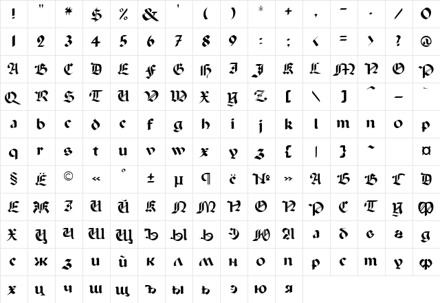 GothicRus Medium  glyph index