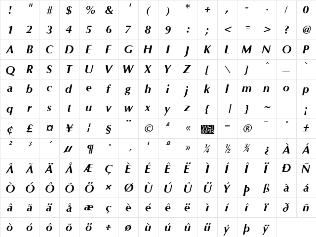 Optane Bold Italic  glyph index