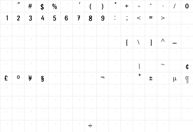 PortobelloLightTab Roman  glyph index