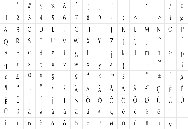 EternaCondensed Regular  glyph index