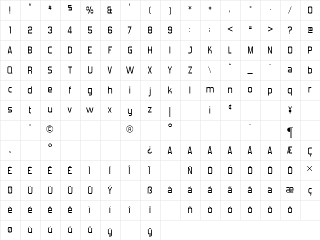 Forgotten Futurist Regular  glyph index