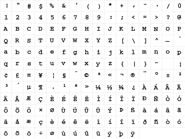 Courier BOLD  glyph index