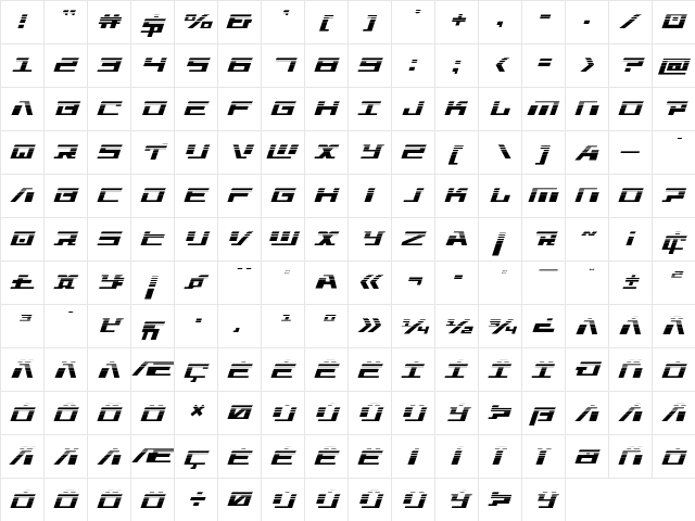 War Machine Halftone Italic  glyph index