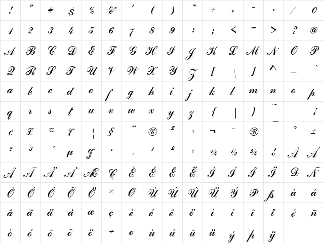 CommercialScrD Regular  glyph index