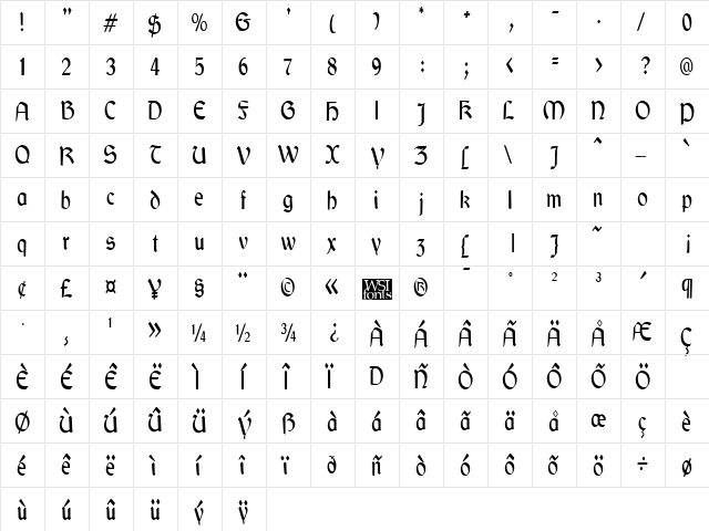 GaelicCondensed Regular  glyph index