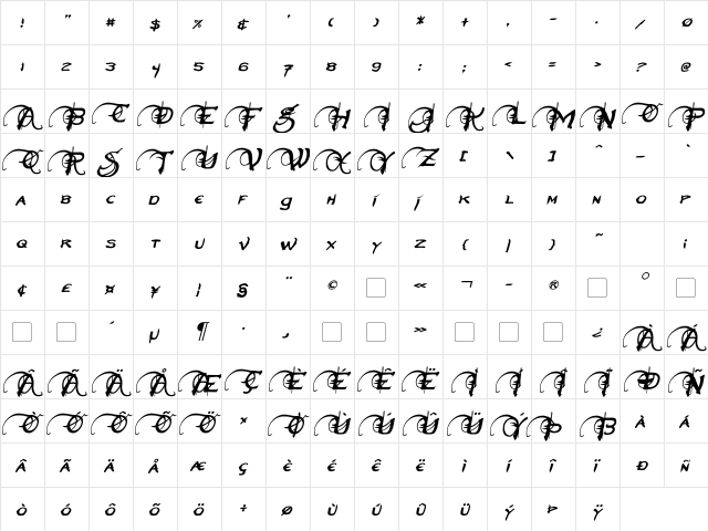 Neverwinter Italic  glyph index