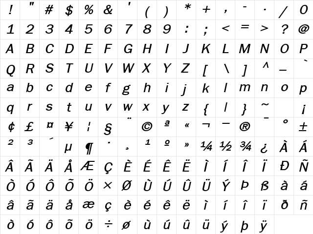 LibraryGothic BoldItalic  glyph index