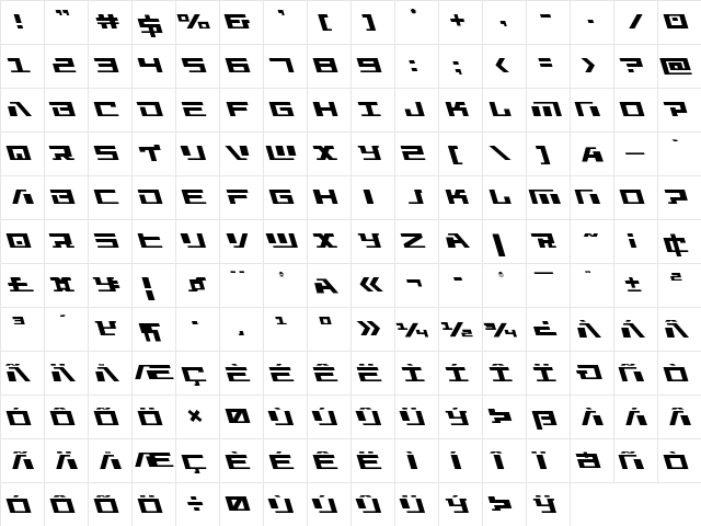 War Machine Leftalic Italic  glyph index