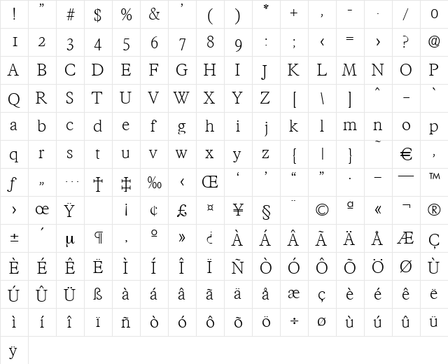 Francisco-Xlight Regular  glyph index
