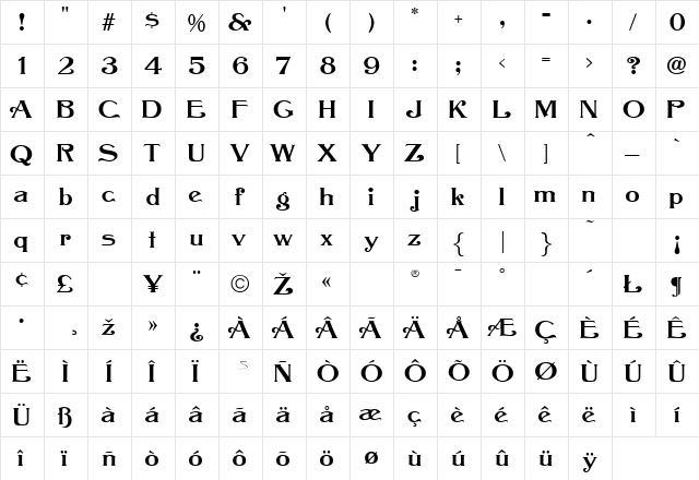 Orbit Antique Regular  glyph index