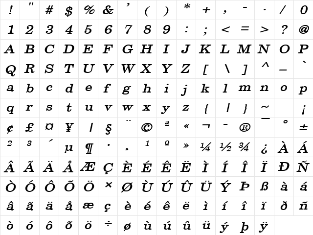 New Boston-Extended Bold Italic  glyph index